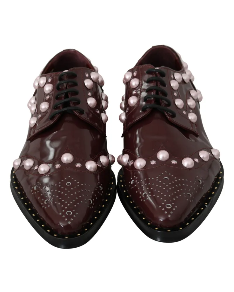 Dolce & Gabbana Women's Bordeaux Leather Crystal Pearls Formal Shoes Bordeaux