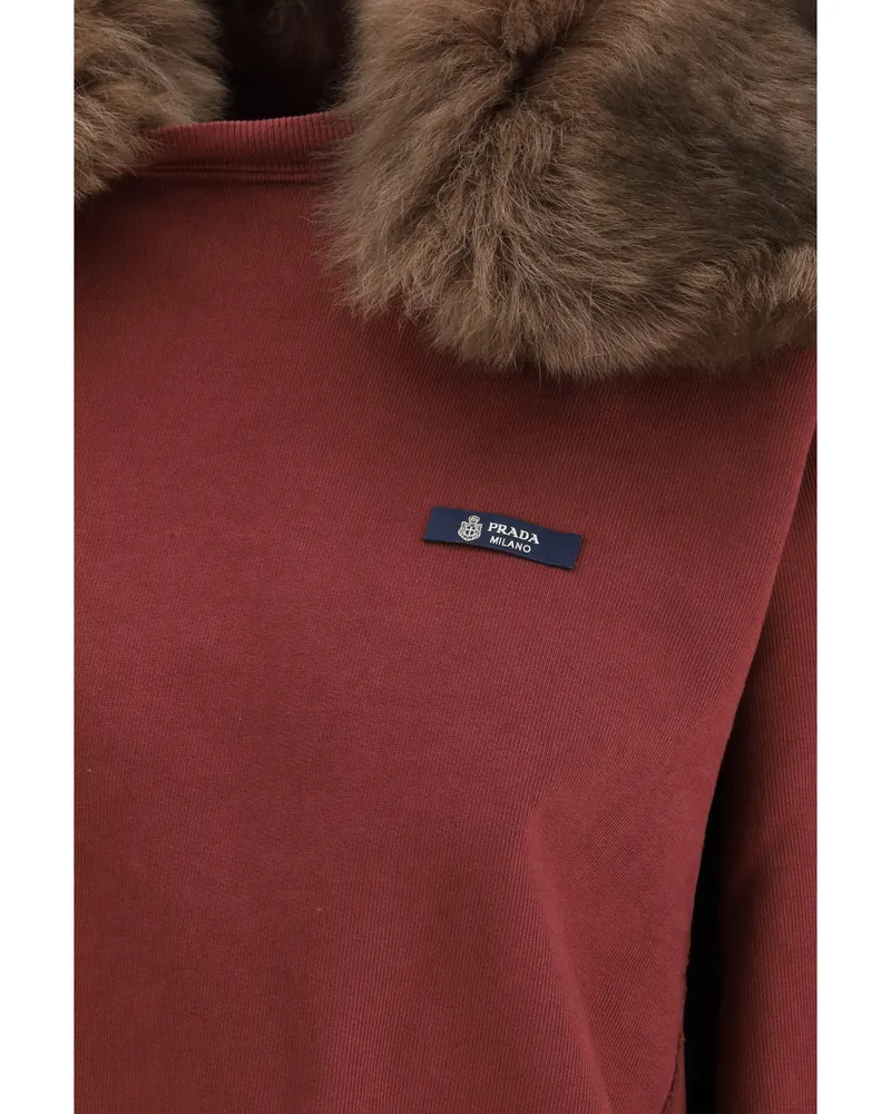 Prada Women Sweatshirt With Shearling Collar Bordeaux Cotton Sweatshirts Sweater Red
