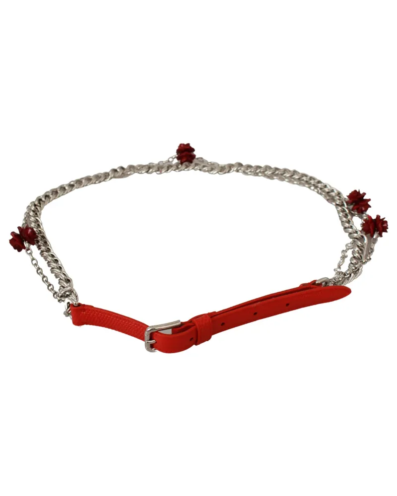 Dolce & Gabbana Women's Red Leather Roses Floral Silver Waist Belt Brass Red