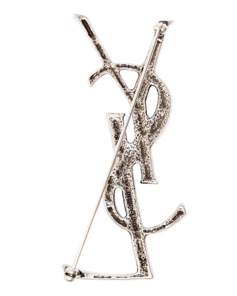 Saint Laurent Men's Brooch Monogram Silver Brass Metallic Brooches & Pins Silver