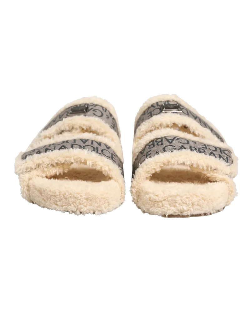 Dolce & Gabbana Men's Beige Faux Fur Logo Print Flats Sandals Shoes Beige