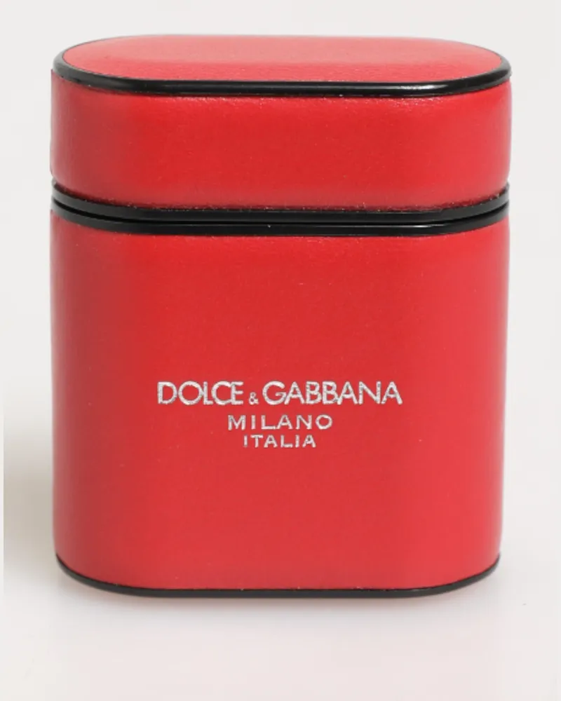 Dolce & Gabbana Unisex Red White Calfskin Leather Logo Flip Holder Airpods Case Calf Accessory Red