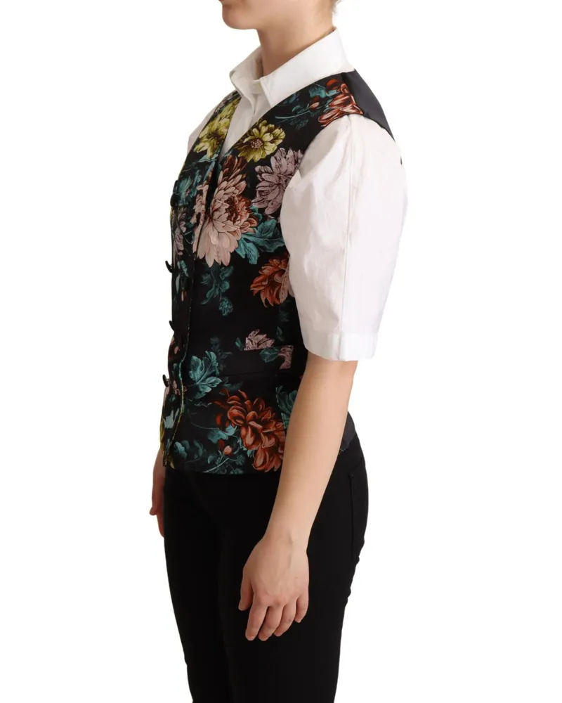 Dolce & Gabbana Women's Black Jacquard Floral Waistcoat Vest Polyester Silk Elastane Clothing Black