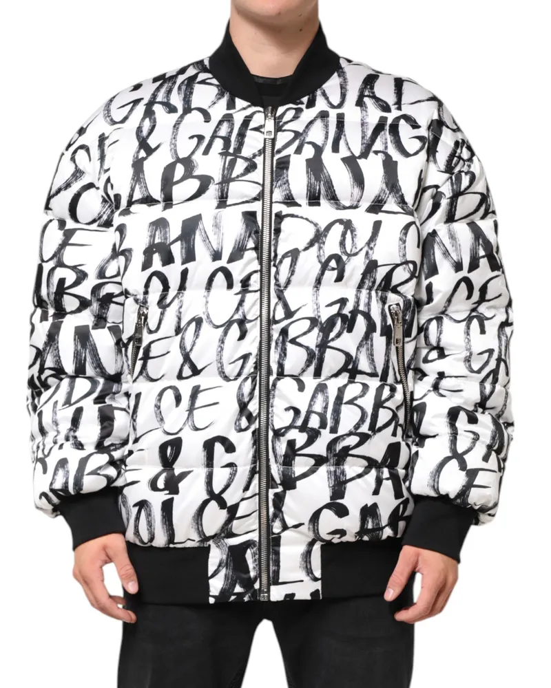 Dolce & Gabbana Men's White Black Graffiti Logo Puffer Bomber Jacket Polyester Clothing White