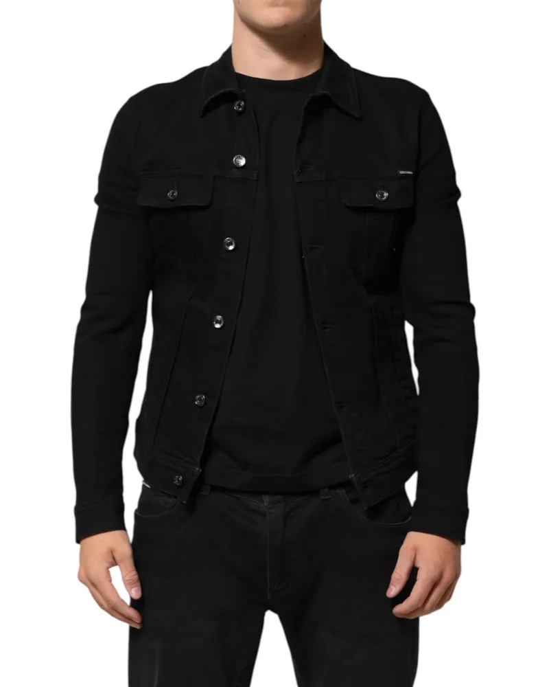 Dolce & Gabbana Men Black Cotton Denim Stretch Button Up Jacket Elastane Clothing Black