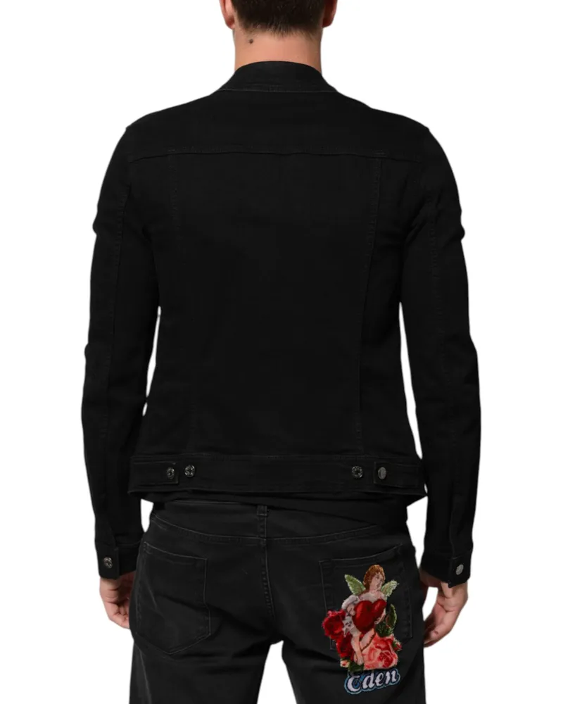 Dolce & Gabbana Men Black Cotton Denim Stretch Button Up Jacket Elastane Clothing Black