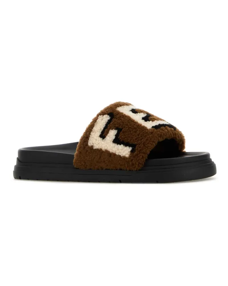Fendi Men's Multicolor Shearling Slippers Brown Flat Shoes Brown