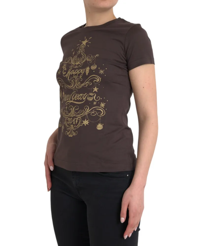 Dolce & Gabbana Women's Brown Crewneck 2017 Motive Print T-Shirt Cotton Brown