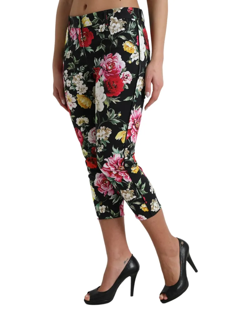 Dolce & Gabbana Women Black Floral Print Mid Waist Cropped Pants Cotton Elastane Black