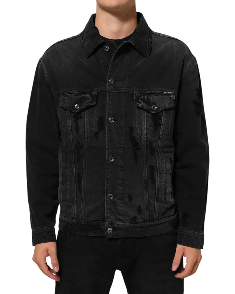 Dolce & Gabbana Men's Black Cotton Stretch Denim Blouson Jacket Co+02 Clothing Black