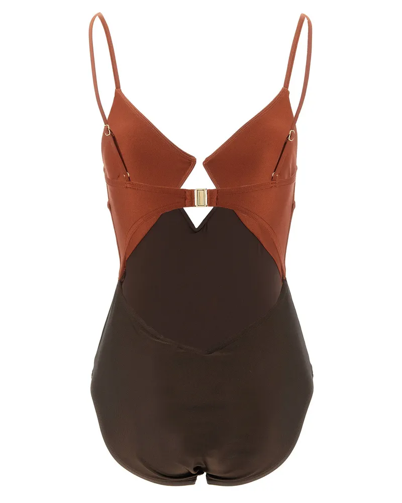 Zimmermann Diamond-Cut V-Neck One-Piece Swimsuit — Brown Brown