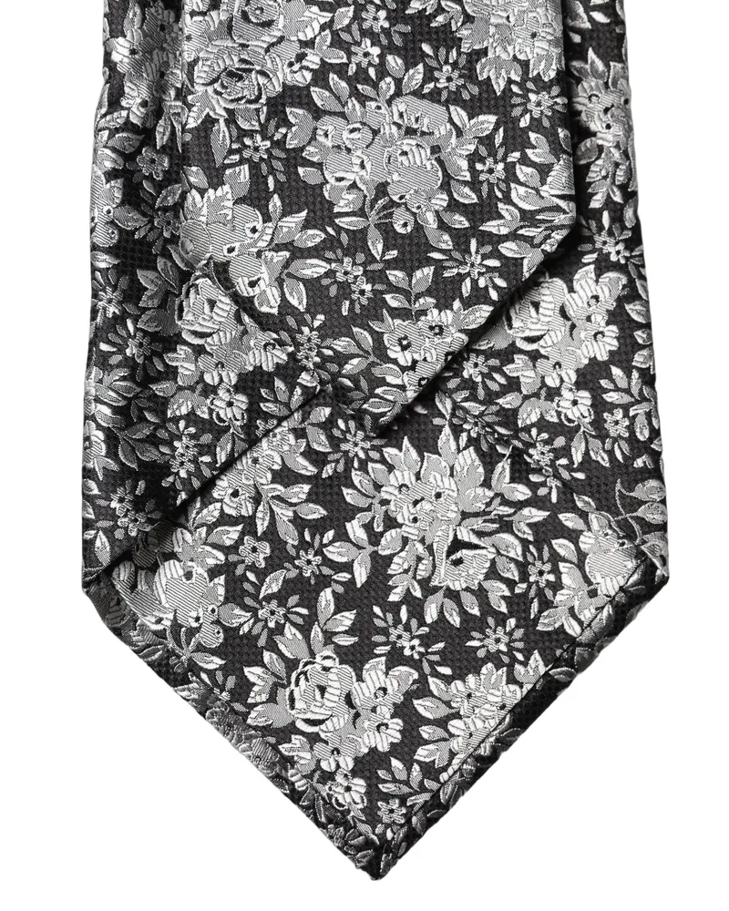 Dolce & Gabbana Black Silver Floral Silk Adjustable Women Necktie Tie And White Black