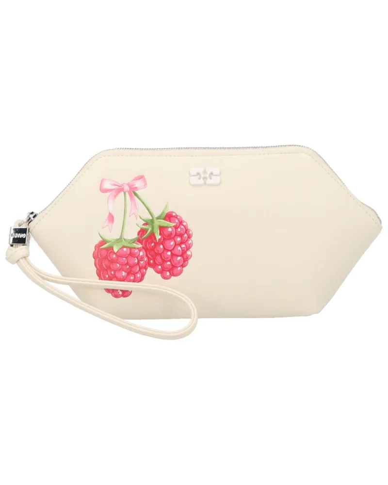 Ganni Women's Make-Up Pouch Raspberry Print Ivory Recycled Leather Wash Bags Ivory