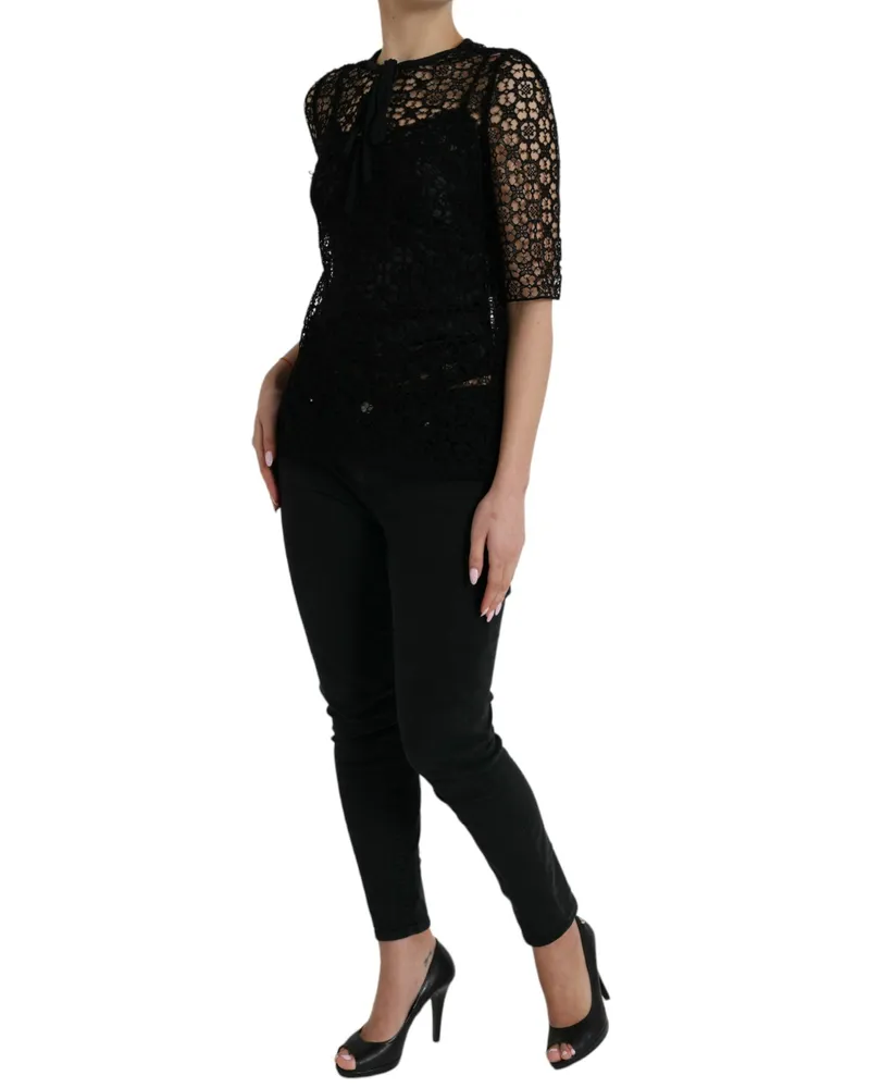 Dolce & Gabbana Women's Black Floral Lace Short Sleeves Blouse Top Cotton Silk Black