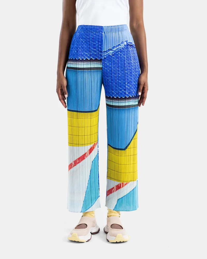 Issey Miyake Women's Pleated City Collage Trousers Blue-Yellow Multicolor