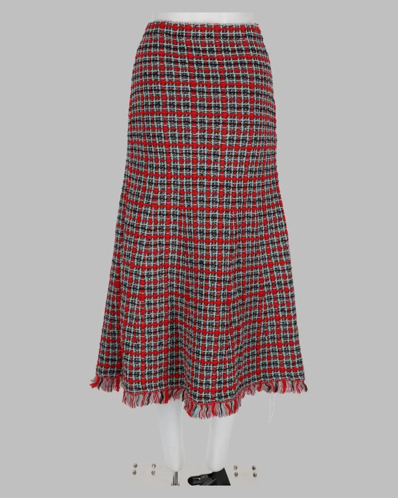 Self-Portrait Fringed Knit Skirt — Red Red