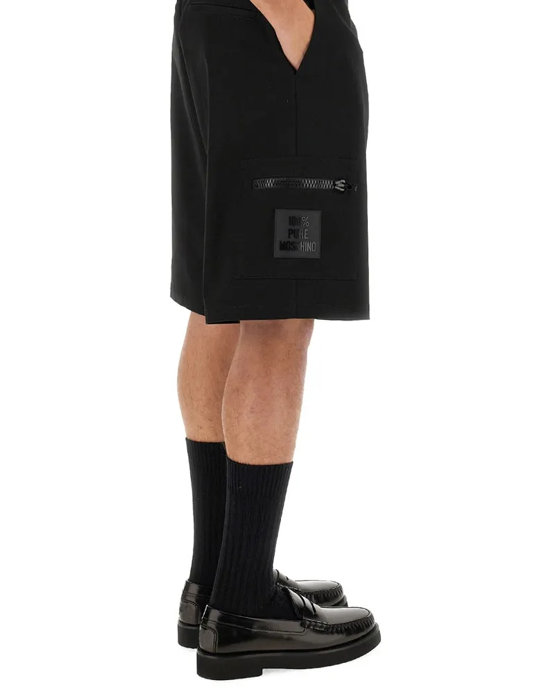 Moschino Logo-Embroidered Cotton Bermuda Shorts — Black Black