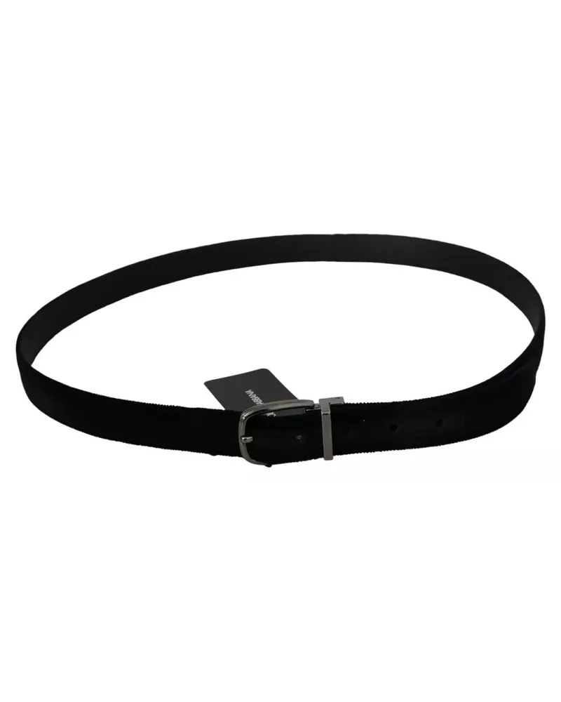 Dolce & Gabbana Black Velvet Silver Tone Metal Buckle Men Belt Cotton Leather Black
