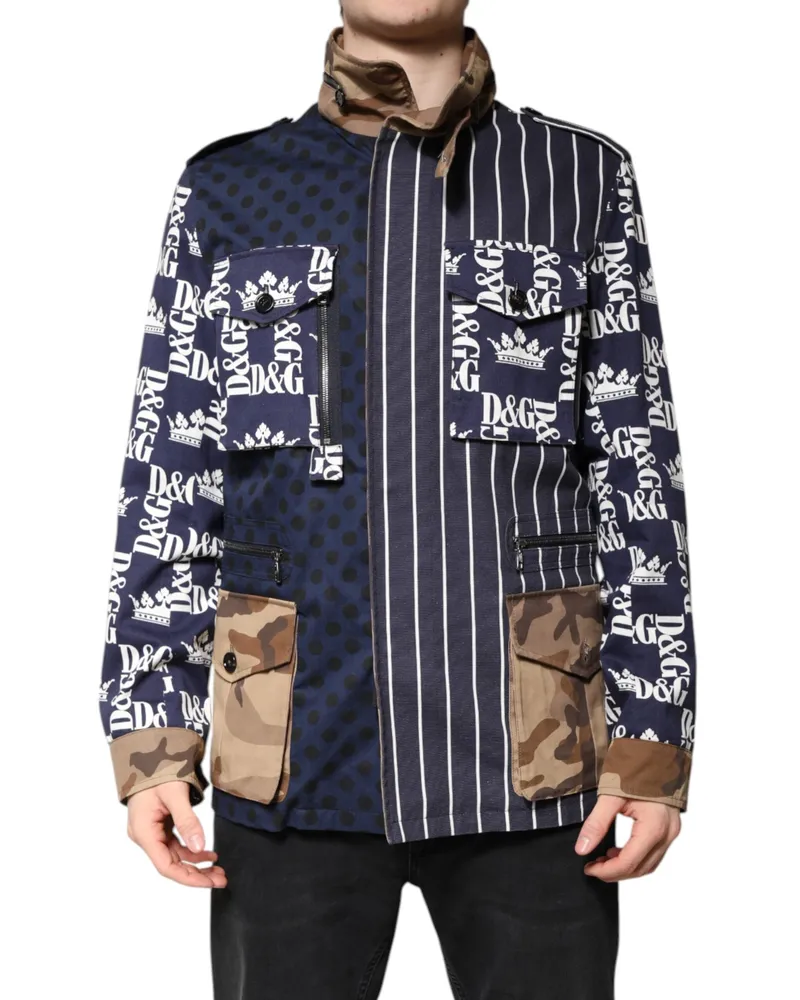 Dolce & Gabbana Men's Multicolor Cotton Logo Patchwork Coat Jacket Elastane Clothing Navy