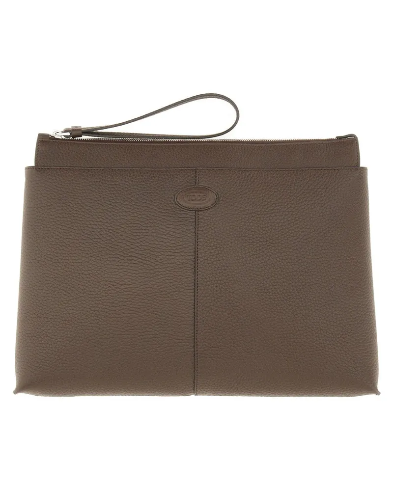 TOD'S Calfskin Document Holder Shoulder Bag — Brown Brown