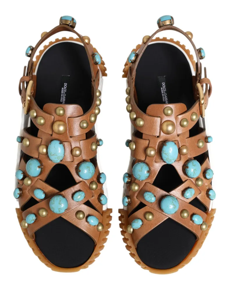 Dolce & Gabbana Men's Brown Leather Studded Slides Sandals Shoes Brown