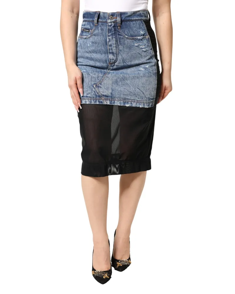 Dolce & Gabbana Women Blue Black Cotton Denim Sheer Midi Skirt Co+pa Blue