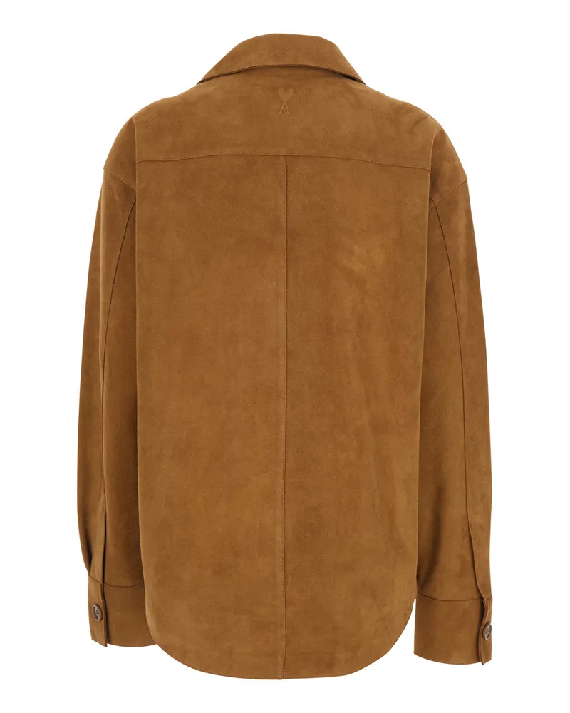 AMI Paris Suede Wide-Collar Jacket — Brown Brown