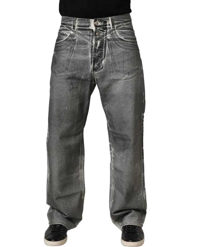 Dolce & Gabbana Men Grey Washed Mid Waist Straight Denim Jeans Cotton Clothing Gray