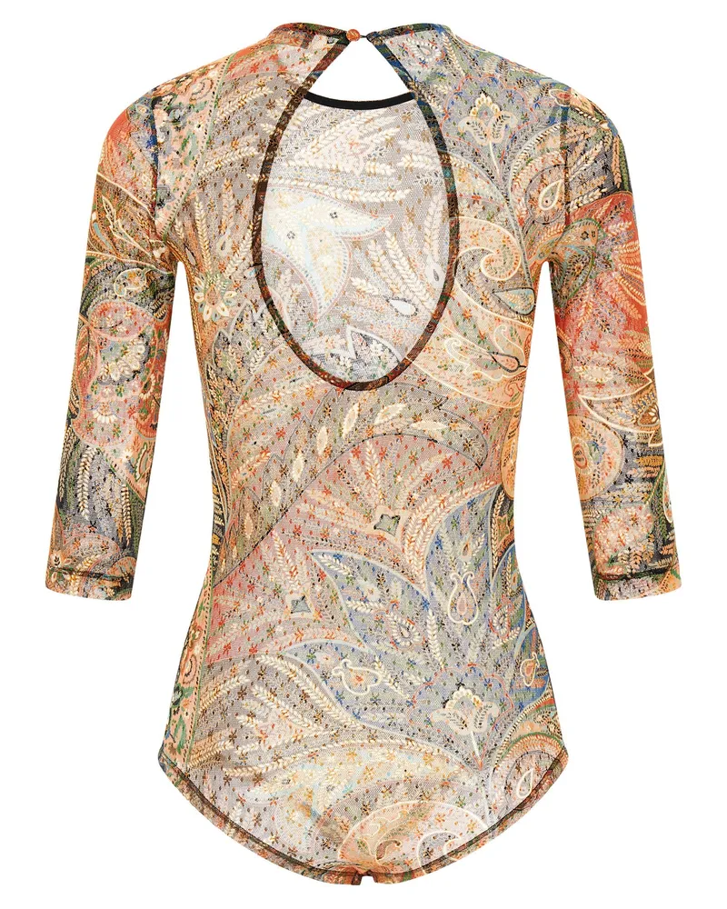 Etro Paisley Foliage Tulle Bodysuit — Multicolor Multicolor