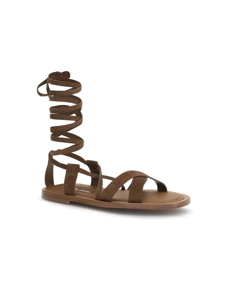 Miu Miu Women's Brown Calf Leather Bos Taurus Strap-On Sandals Brown
