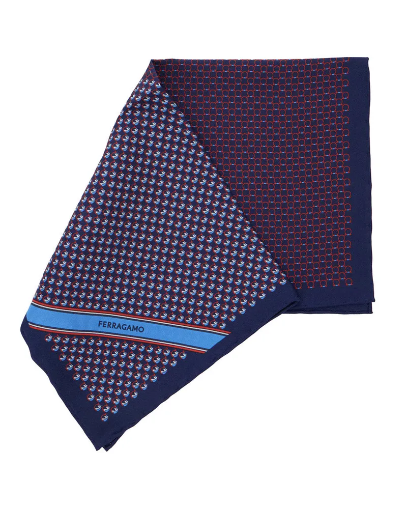 Ferragamo Men's Pocket Square Blue Silk Ties & Bow Navy