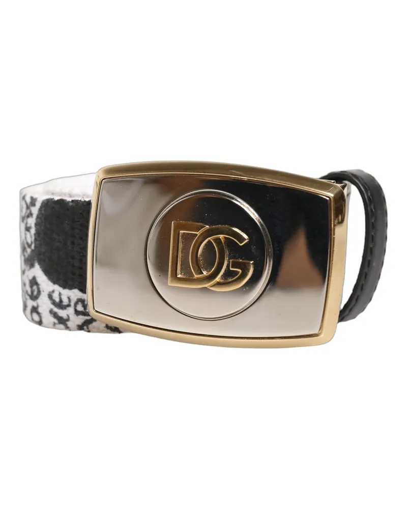 Dolce & Gabbana Men's White Graffiti Print Gold Metal Buckle Belt Polyester Calf Leather White