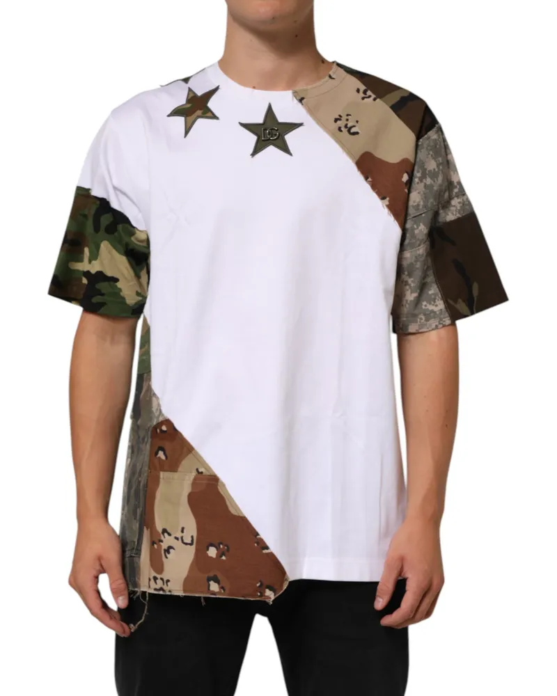 Dolce & Gabbana White Camouflage Patckwork Men Cotton T-Shirt Nylon White