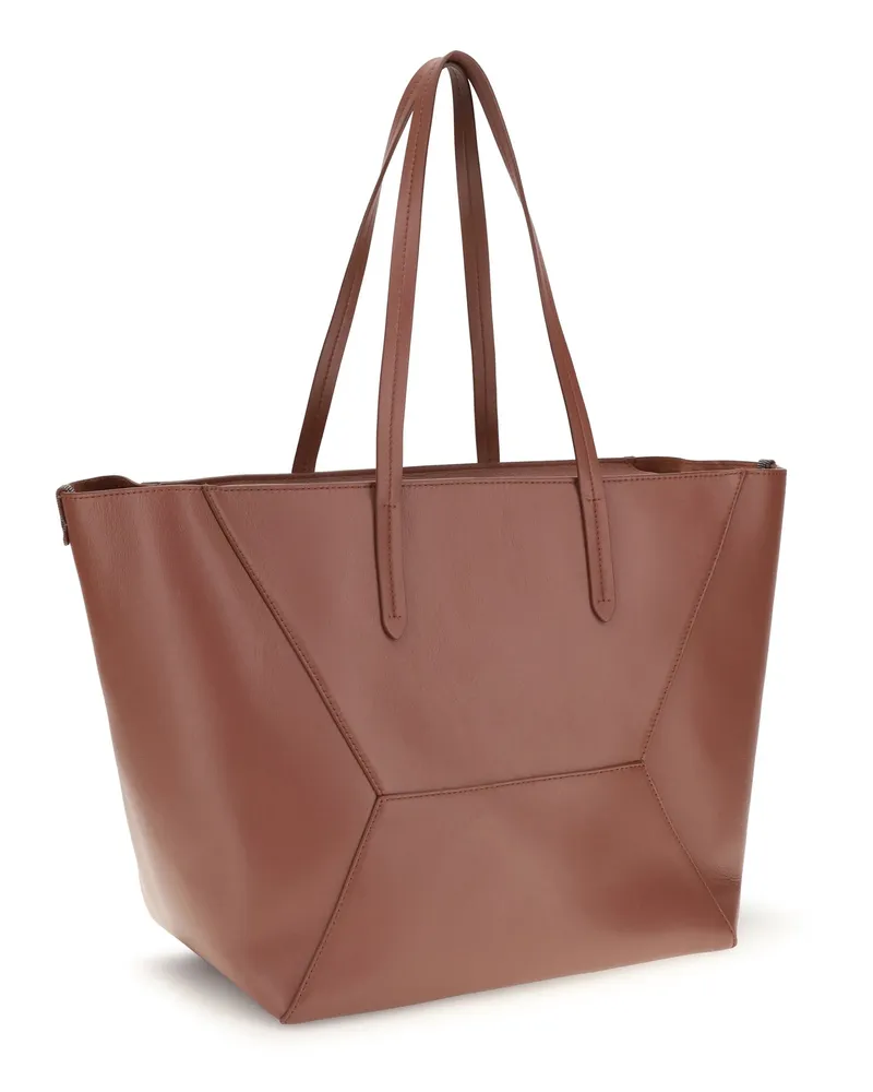 Brunello Cucinelli Women's Leather Tote Bag Fire Brick Calf Bos Taurus Shoulder Brown