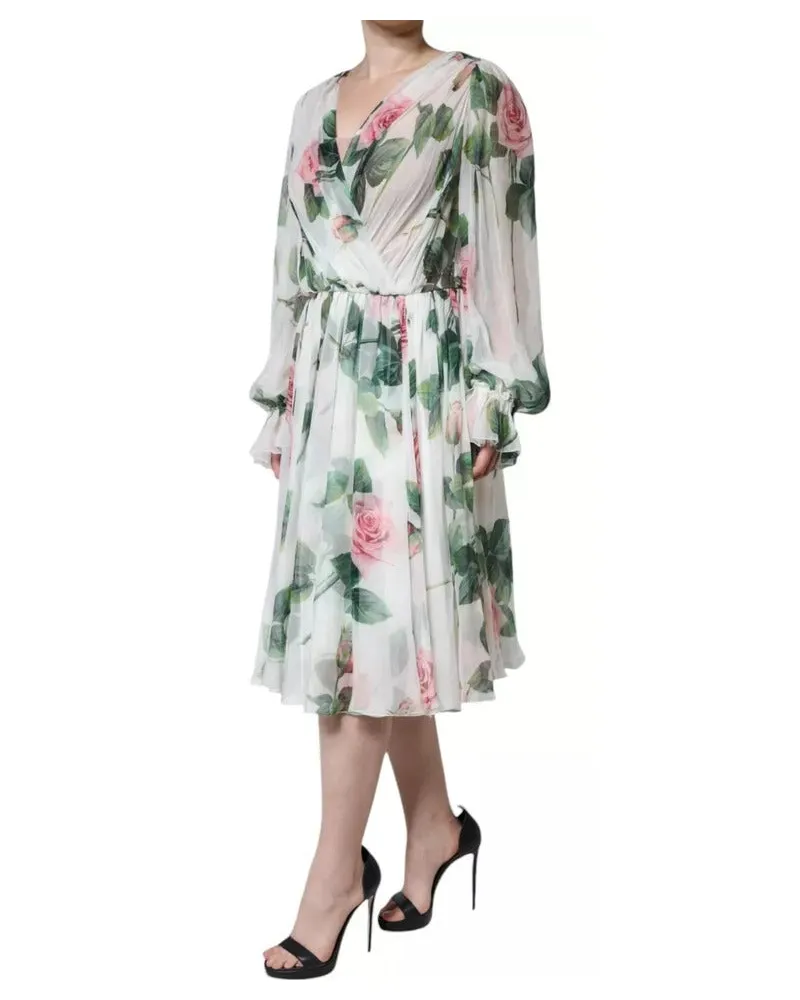 Dolce & Gabbana Women's White Silk Floral Print A-Line Midi Dress White