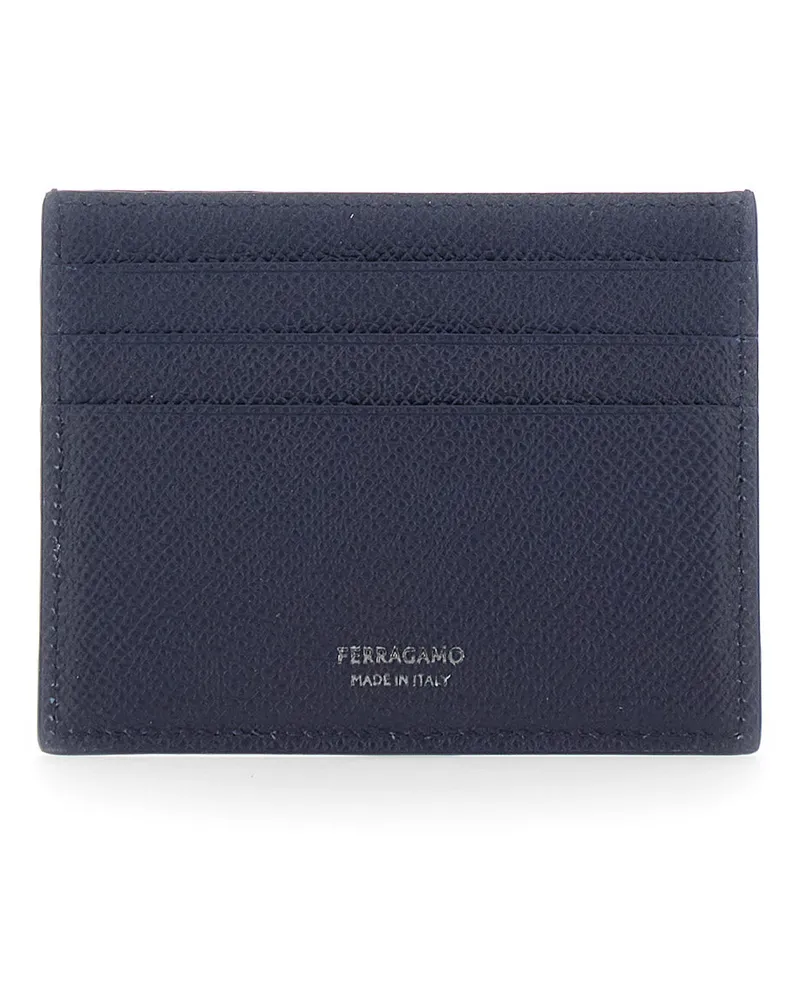 Ferragamo Men's Card Holder Grained Leather Blue Calf Accessory Blue