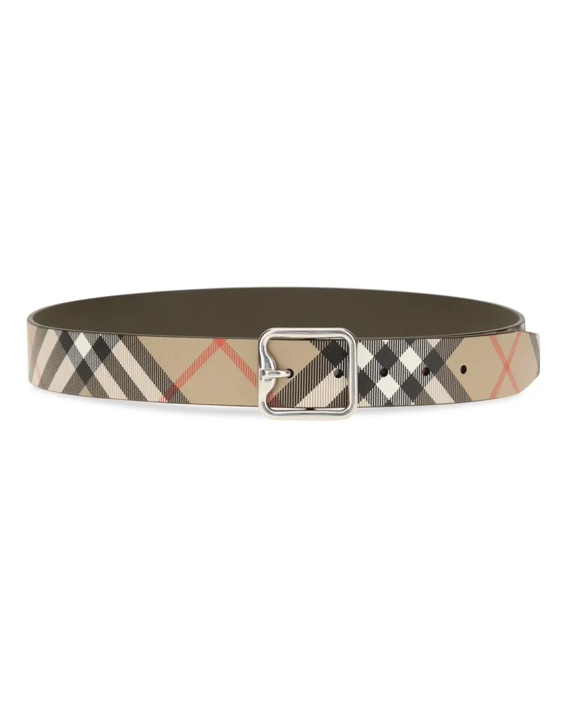 Burberry Men's Reversible B Buckle Check Belt Sand-Military-Silver Calf Leather Bos Taurus E Braces Sand/military/silver Sand