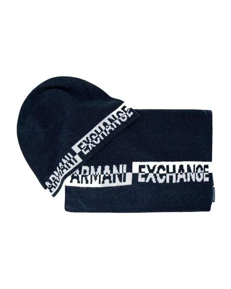 Armani Exchange Logo-Striped Beanie and Scarf Set Scarf — Blue Blue
