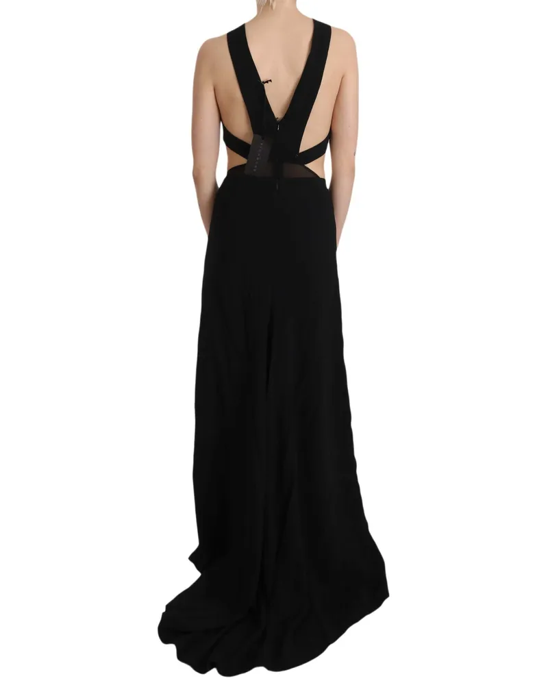 John Richmond Women Black Crystal Leather Gown Flare Dress Black