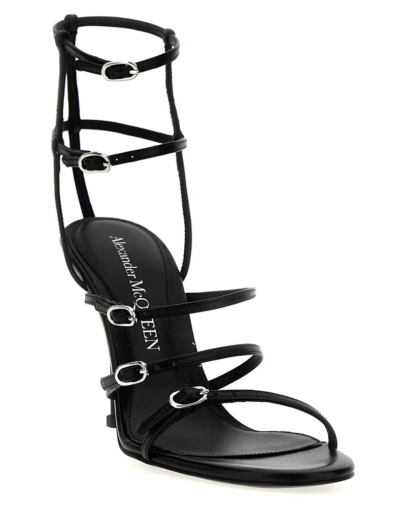 Alexander McQueen Multi-Strap Leather Sandal Heel — Black Black