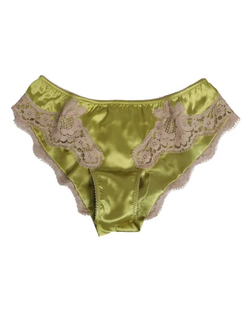 Dolce & Gabbana Women Green Silk Satin Floral Lace Trim Panty Underwear Clothing Green