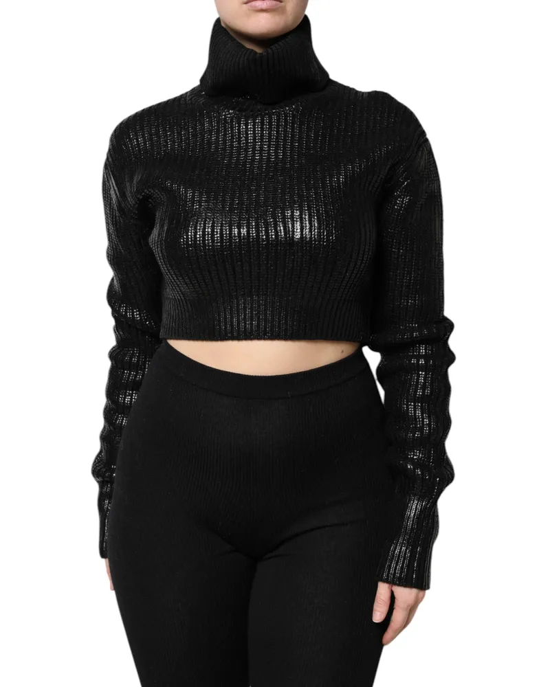 Dolce & Gabbana Women Black Wool Long Sleeve Turtleneck Cropped Top Virgin Black