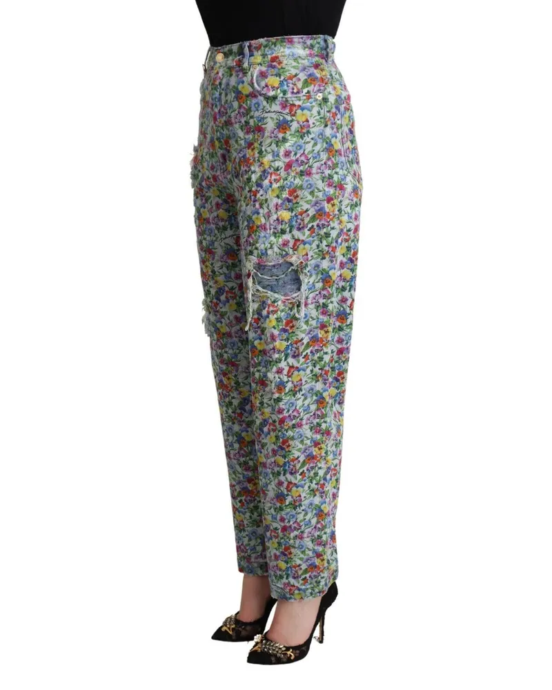 Dolce & Gabbana Women Blue Floral Print High Waist Denim Tapered Jeans Cotton Elastane Clothing Blue