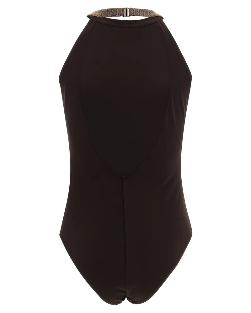 Brunello Cucinelli Precious Monile Collar One-Piece Swimsuit — Black Black