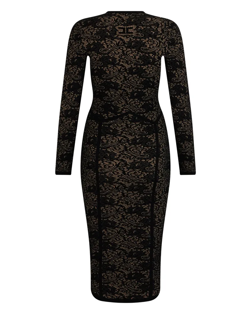 Elisabetta Franchi Lace with Deep Neckline Midi Dress — Black Black