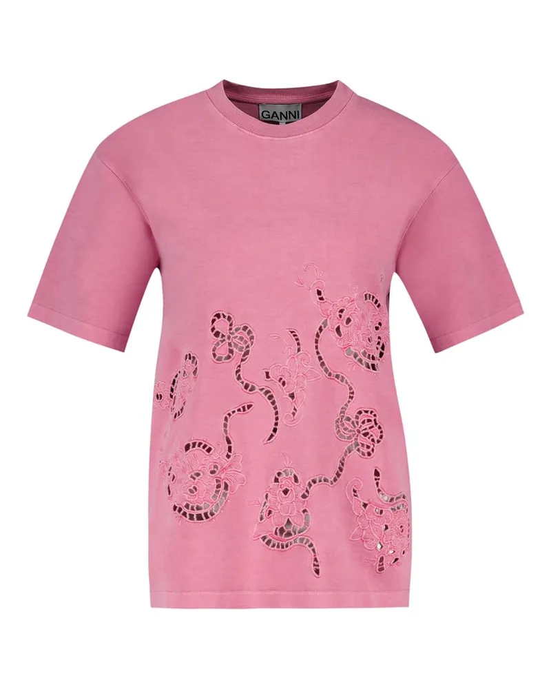 Ganni Women Embroidery Anglais Cotton T-Shirt Pink Pink
