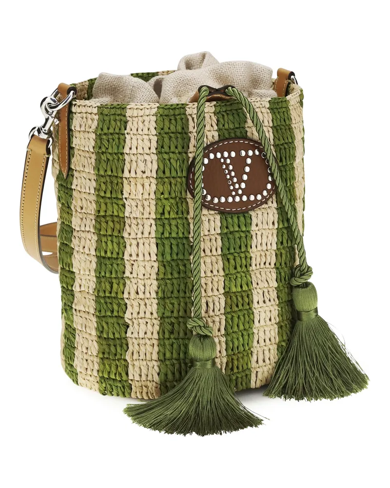 Valentino Garavani Women's Striped Raffia Bucket Bag Nat-Verde-Nat-Nat.camel-Verde-Selleria Nat-verde/nat/nat.camel/verde/selleria Green