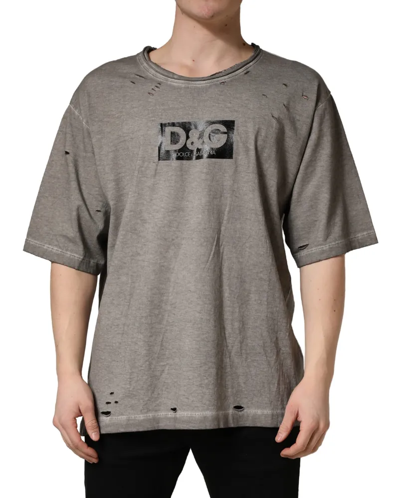 Dolce & Gabbana Men's Gray Dg Logo Print Cotton Round Neck T-Shirt Gray