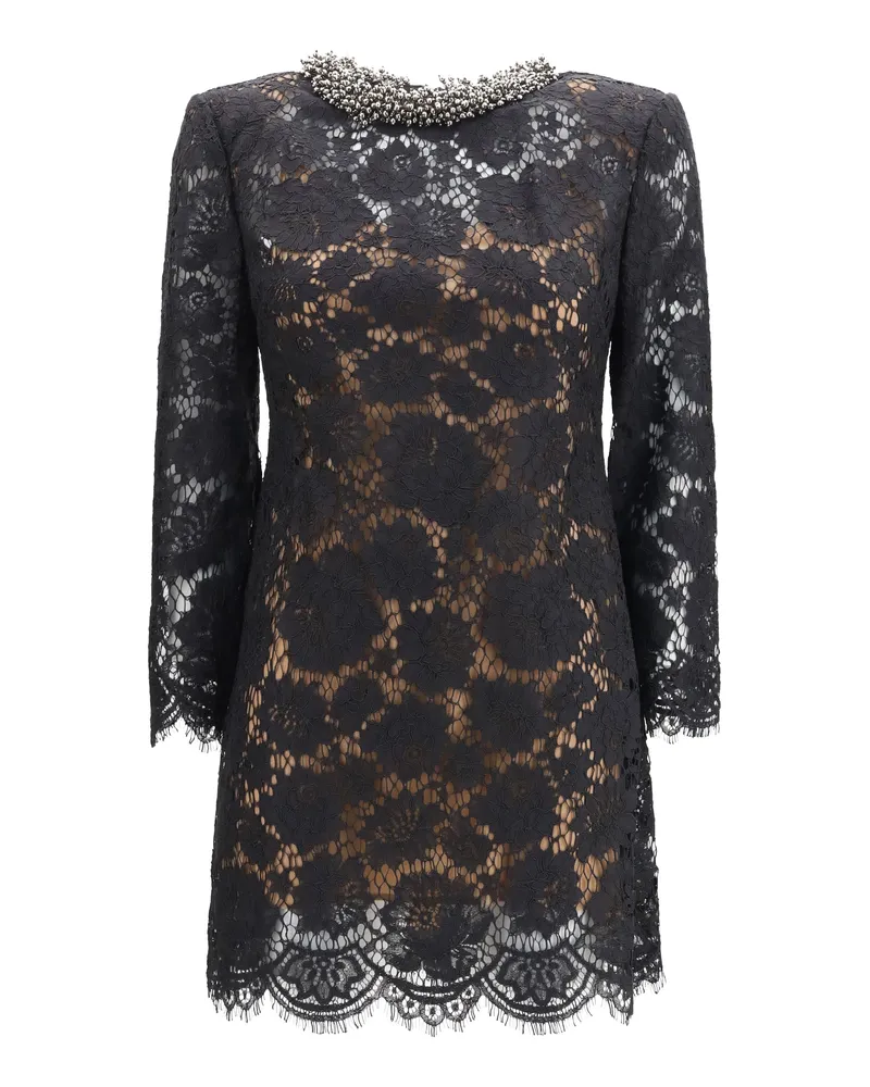 Self-Portrait Women's Dress, Lace Long-Sleeve Mini — Black Polyamide Black