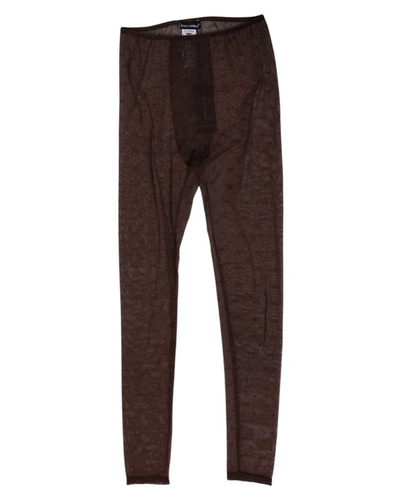 Dolce & Gabbana Women Brown Nylon Logo Lace Leggings Pants Underwear Elastane Brown